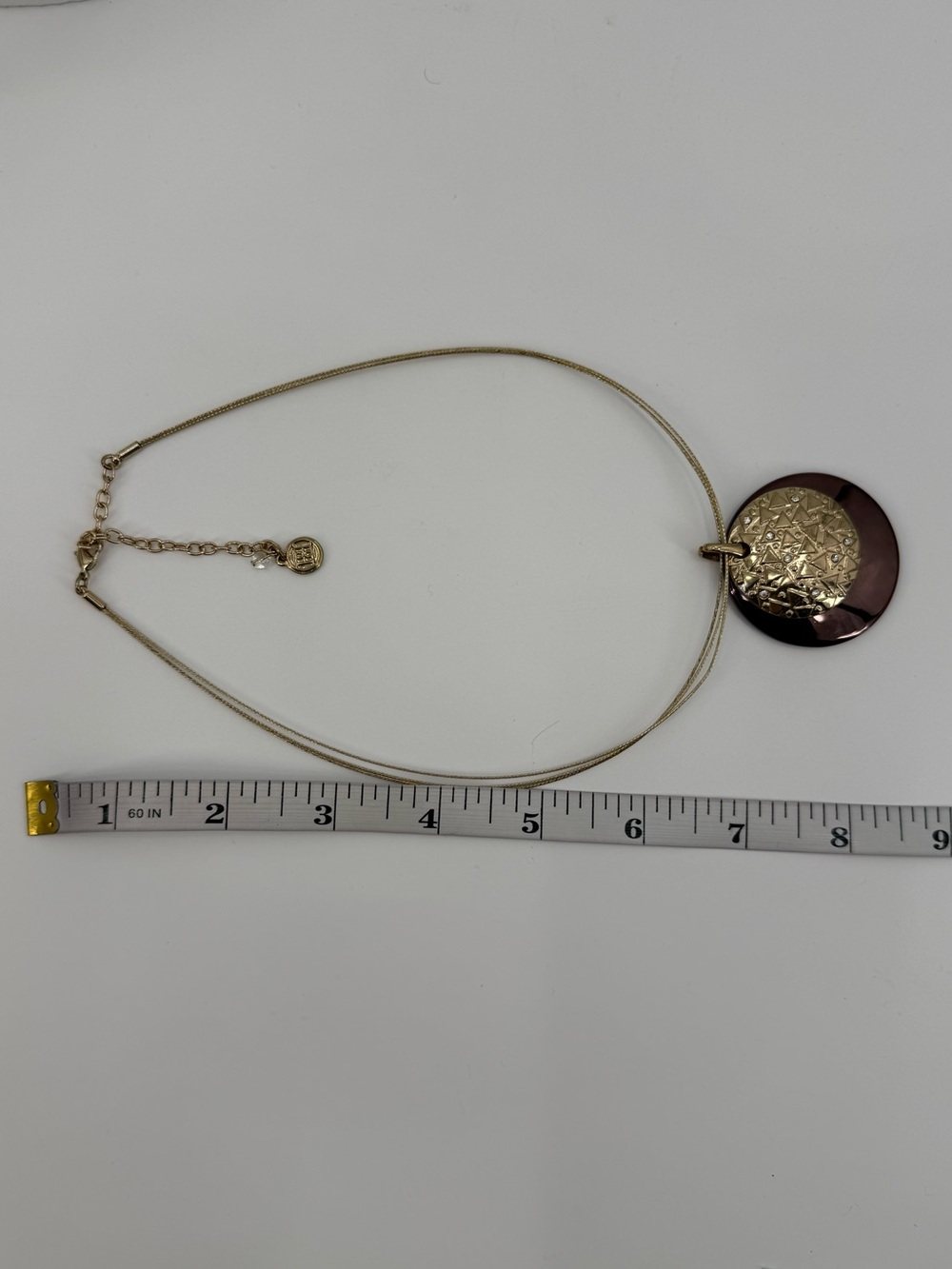 Dana Buchman Gold Tone Pendant Necklace Brown Resin Geometric Medallion - Picture 10 of 16